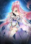  1girl absurdres aemeath_(wuthering_waves) ahoge black_cat breasts cat closed_mouth commentary_request elbow_gloves feet_out_of_frame gloves hair_ornament highres illegible_text large_breasts leotard long_hair orange_eyes pandora_0407 pink_hair ponytail showgirl_skirt skirt smile solo strapless strapless_leotard thigh_gap thighs white_gloves white_leotard white_skirt wuthering_waves 