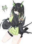  animal_ears arknights bare_shoulders belt black_hair black_jacket black_shirt breasts cat_ears closed_mouth commentary crystal_horns dress full_body green_dress green_eyes green_hair highres horns jacket kal'tsit_(arknights) kneeling long_sleeves looking_at_viewer matsukonton mon3tr_(arknights) multicolored_hair off_shoulder shirt simple_background sleeves_past_fingers sleeves_past_wrists thigh_belt thigh_strap white_background 
