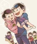  black_hair blue_hoodie blush brothers carrying carrying_person commentary_request green_hoodie grey_background holding_above_head hood hood_down hoodie incest matsuno_choromatsu matsuno_ichimatsu matsuno_jyushimatsu matsuno_karamatsu matsuno_osomatsu matsuno_todomatsu nose_picking open_mouth osomatsu-san osomatsu_(series) pink_hoodie princess_carry purple_hoodie red_hoodie sawarabi sextuplets siblings simple_background sleeves_past_fingers sleeves_past_wrists socks white_background yaoi yellow_hoodie 