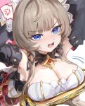  1boy 1girl anger_vein armpits arms_behind_head arms_up black_sleeves blue_eyes breast_rest breasts brown_hair cleavage commentary_request detached_sleeves genshin_impact highres large_breasts long_hair long_sidelocks md5_mismatch open_mouth sandrone_(genshin_impact) sidelocks solo_focus spoken_anger_vein teeth tomas_(kaosu22) upper_teeth_only 