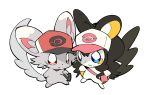  animal_focus animalization bag baseball_cap black_fur black_hair blue_eyes brown_eyes emolga full_body grey_fur hat hilbert_(pokemon) hilda_(pokemon) looking_at_viewer mieaowu minccino no_humans pink_bag pokemon pokemon_(creature) pokemon_black_and_white ponytail red_hat simple_background smile standing white_background white_hat 