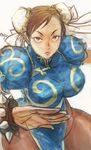  bad_id bad_pixiv_id breasts brown_eyes brown_hair bun_cover china_dress chinese_clothes chun-li curvy double_bun dress large_breasts pantyhose pelvic_curtain solo street_fighter unoo wide_hips 