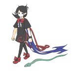  1girl animal asymmetrical_wings black_dress black_eyes black_hair black_thighhighs blue_wings bow bowtie buttons closed_mouth commentary_request dress footwear_bow frills highres houjuu_nue long_hair peroponesosu. pointy_ears red_bow red_bowtie red_shoes red_wings shoes single_wrist_cuff snake thighhighs touhou walking white_background wings wrist_cuffs 