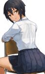  1girl ass black_hair black_skirt bra_visible_through_clothes chair collared_shirt commentary_request dress_shirt from_behind hashi long_sleeves looking_back maehashi_rui_(hashi) original school_chair school_uniform see-through_clothes shirt short_hair simple_background sitting sitting_backwards skirt solo tan tanline_peek tanlines thighs tomboy white_background white_shirt yellow_eyes 