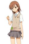  a1 brown_eyes brown_hair highres misaka_mikoto non-web_source school_uniform short_hair simple_background skirt solo sweater_vest to_aru_majutsu_no_index white_background 