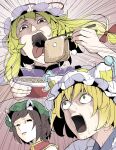  3girls aburaage animal_ears blonde_hair blue_tabard bow brown_hair cat_ears cat_girl chen chopsticks commentary_request dress ears_under_headwear eating emphasis_lines food fox_ears green_hat hair_bow hat hat_ribbon high_collar highres holding holding_chopsticks long_hair looking_at_another mob_cap multiple_girls noodles open_mouth peroponesosu. purple_tabard red_bow red_ribbon red_vest ribbon saliva shirt short_hair squinting surprised tabard tongue tongue_out touhou udon vest white_dress white_hat white_shirt yakumo_ran yakumo_yukari 
