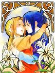  akiyama_mio art_nouveau blue_eyes blue_hair brown_eyes brown_hair cosplay couple flower fukutarou_(enji127) hat hug imminent_kiss juliet_capulet juliet_capulet_(cosplay) k-on! lily_(flower) multiple_girls romeo_and_juliet romeo_montague romeo_montague_(cosplay) tainaka_ritsu yuri 