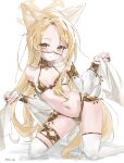  1girl alternate_costume animal_ear_fluff animal_ears bare_shoulders blonde_hair blue_archive blush breasts commentary_request detached_sleeves fox_ears fox_girl fox_tail full_body halo harem_outfit highres kneeling long_hair looking_at_viewer mimil mouth_veil navel pelvic_curtain see-through_clothes see-through_pelvic_curtain see-through_sleeves see-through_veil seia_(blue_archive) seia_(harem)_(blue_archive) simple_background small_breasts solo stomach tail thighhighs veil white_background white_thighhighs yellow_eyes yellow_halo 