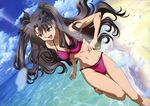  :d absurdres barefoot beach bikini black_hair blue_eyes cloud day fate/stay_night fate_(series) happy highres long_hair long_legs open_mouth outdoors running shirase_emiko sky smile solo swimsuit toosaka_rin two_side_up water 