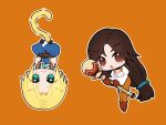  1boy 1girl :3 :o assortcookie_25 blonde_hair blue_eyes bodysuit brown_hair cat_tail chibi chibi_only closed_mouth commentary_request crossed_legs eyelashes final_fantasy final_fantasy_ix garnet_til_alexandros_xvii gloves highres holding holding_staff jewelry korean_commentary long_hair long_sleeves looking_at_viewer necklace open_mouth orange_background orange_bodysuit red_eyes red_gloves red_shoes shoes short_hair staff tail upside-down very_long_hair zidane_tribal 