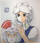  2girls ascot behind_another blue_hair blue_vest bow braid closed_mouth collared_shirt commentary green_ascot green_bow hair_bow hat hat_bow headband highres izayoi_sakuya maid_headdress mob_cap multiple_girls open_mouth peroponesosu. photo_(medium) purple_hat red_bow red_eyes remilia_scarlet scared shaded_face shikishi shirt solid_circle_pupils sweat touhou traditional_media trembling twin_braids vest white_hair white_headband white_shirt 