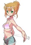 bikini_top breasts brown_hair cleavage face foreshortening green_eyes hands highres hikage_eiji medium_breasts midriff navel open_clothes open_shorts original ponytail short_hair shorts sketch smile solo 