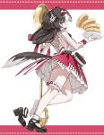  1girl absurdres animal_ears back_bow bibi_biscuit black_hair black_shoes blue_eyes bow braid breasts collar commentary dog_ears dog_girl dog_tail dress english_commentary fang food frilled_hairband frilled_skirt frilled_thigh_strap frilled_wrist_cuffs frills from_behind gurumie hair_bow hairband high-waist_skirt highres kneepits large_breasts layered_skirt letterboxed long_hair looking_at_viewer looking_back mary_janes multicolored_hair open_mouth oversized_object oversized_spoon pancake pancake_stack panties pantyshot phase_connect red_bow red_collar red_dress red_ribbon ribbon see-through_clothes shoe_loss shoes sideways_mouth skin_fang skirt socks solo standing streaked_hair tail thigh_strap tripping two-tone_bow underwear virtual_youtuber white_background white_bow white_hair white_panties white_socks white_streaks wrist_cuffs 