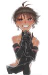 1girl antenna_hair bare_shoulders black_dress black_gloves black_hair blue_eyes blush commentary_request cropped_torso cute_&amp;_girly_(idolmaster) dress earrings elbow_gloves gloves gothic_princess_(idolmaster) grin highres holding holding_microphone idolmaster idolmaster_(classic) idolmaster_1 jewelry kikuchi_makoto looking_at_viewer microphone mihen official_alternate_costume short_hair simple_background sleeveless sleeveless_dress smile solo white_background 