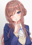  1girl blush brown_hair collared_shirt commentary_request gakuen_idolmaster grey_background hair_bun hand_up highres himesaki_rinami idolmaster long_hair long_sleeves looking_at_viewer nigouu one_eye_closed parted_lips shirt simple_background single_hair_bun smile solo white_shirt 