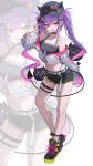  1girl :d absurdres asymmetrical_legwear bandaid bandaid_on_arm bandaid_on_knee bandaid_on_leg barbell_piercing baseball_cap belt bibi_(tokoyami_towa) black_choker black_hat black_shoes black_shorts black_tank_top breasts center-flap_bangs choker cleavage colored_inner_hair commentary_request crop_top cropped_jacket cross cross_earrings demon_girl demon_tail double-parted_bangs ear_piercing earclip earrings fake_horns fangs fishnet_socks fishnet_thighhighs fishnets full_body gradient_hair green_eyes hair_ornament hairclip hand_up hat highleg highleg_panties highres hololive horned_headwear horns industrial_piercing jacket jewelry kkato leg_tattoo long_hair long_sleeves looking_at_viewer midriff multicolored_hair multiple_rings o-ring o-ring_choker off_shoulder open_mouth panties panty_straps parallel_hairclips partially_unzipped piercing pink_hair pink_streaks pointy_ears purple_hair ring shoes short_shorts shorts side-tie_panties single_sock single_thighhigh small_breasts smile sneakers socks solo streaked_hair tail tail_ornament tail_piercing tank_top tattoo thigh_strap thighhighs tokoyami_towa tokoyami_towa_(1st_costume) twintails underwear uneven_legwear virtual_youtuber white_belt white_jacket winged_heart winged_heart_tattoo zoom_layer 