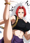  1girl anklet black_eyes breasts cleavage commentary_request earrings gold_anklet hidari_(yomi_no_tsugai) highres horns jewelry large_breasts leg_up long_hair multicolored_hair navel pleia_desu ponytail red_hair rope sidelocks single_horn skin-covered_horns small_horns solo thighs two-tone_hair very_long_hair white_background white_hair yomi_no_tsugai 