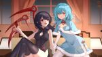  2girls :d absurdres alternate_costume asymmetrical_wings black_dress black_hair black_thighhighs blue_dress blue_eyes blue_hair blue_wings breasts china_dress chinese_clothes chinese_commentary cleavage closed_mouth commentary_request crossed_legs dress envelope feet_out_of_frame fur-trimmed_dress fur_trim heterochromia highres holding holding_envelope hongbao houjuu_nue indoors lattice looking_at_viewer medium_breasts medium_hair multiple_girls open_mouth pointy_ears qinyuzhen red_eyes red_wings short_hair smile tatara_kogasa thighhighs touhou wings 