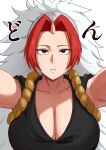  1girl black_eyes breasts cleavage commentary_request earrings hidari_(yomi_no_tsugai) highres horns jewelry large_breasts multicolored_hair pleia_desu ponytail red_hair rope single_horn skin-covered_horns small_horns solo two-tone_hair upper_body white_background white_hair yomi_no_tsugai 