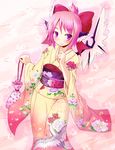  alternate_hairstyle animal_ears ayagi_daifuku bad_hands blush bow floral_print hair_bow hair_up japanese_clothes kimono kinchaku mystia_lorelei pink_eyes pink_hair pouch short_hair smile solo touhou wings 