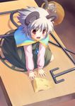  animal_ears bad_id bad_pixiv_id basket cheese ekusa_takahito food highres jewelry kneeling minigirl mouse mouse_ears mouse_tail mousetrap nazrin necklace open_mouth red_eyes short_hair silver_hair solo tail tears touhou 