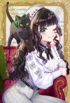  1girl :3 animal_on_shoulder artist_name beads belt beret black_belt black_bow black_cat black_hair black_ribbon blunt_bangs blush border bow brooch cat cat_on_shoulder closed_mouth commentary_request couch earrings elbow_rest eyelashes feet_out_of_frame fingernails freckles frilled_shirt frills gold_border green_eyes green_nails grey_background grey_bow grey_pants hair_bow hand_on_own_face hand_up hat head_on_hand head_rest high-waist_pants high_collar highres jewelry light_particles long_hair long_sleeves looking_at_viewer nail_polish neck_ribbon on_couch one_eye_closed original ornate_border outside_border pants pinstripe_pants pinstripe_pattern raised_eyebrows ribbon shinishi_chiho shirt shirt_tucked_in signature sitting sleeve_bow smile solo text_background tilted_headwear white_hat white_shirt 