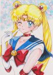  1girl absurdres back_bow bishoujo_senshi_sailor_moon blonde_hair blue_eyes blue_sailor_collar blush bow breasts chikoto_(kztc4472) choker circlet closed_mouth collarbone commentary crescent crescent_choker crescent_earrings curtained_hair double_bun earrings elbow_gloves finger_to_cheek gem gloves gold_circlet hair_bun hair_ornament hand_up highres jewelry leotard lips lone_nape_hair long_hair looking_at_viewer magical_girl medium_breasts one_eye_closed parted_bangs photo_(medium) red_bow red_choker red_gem red_trim sailor_collar sailor_moon sailor_senshi_uniform short_sleeves smile solo traditional_media transformation_brooch_(sailor_moon) tsukino_usagi twintails upper_body very_long_hair white_gloves white_leotard 