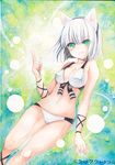  2010 absurdres animal_ears bikini bob_cut cadie cat_ears dated green_eyes highres millipen_(medium) mosho pangya pointing signature smirk solo swimsuit traditional_media watercolor_(medium) white_hair 