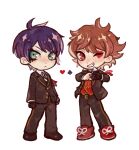  2boys ace_trappola black_gloves black_jacket black_pants brown_hair chibi chibi_only closed_mouth commentary_request deuce_spade facial_mark full_body gloves green_eyes heart heart_facial_mark jacket looking_at_viewer male_focus multiple_boys pants red_eyes red_shoes sawarabi shoes short_hair simple_background spade_(shape) twisted_wonderland white_background 