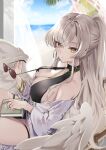  1girl akatsuki_hijiri bare_shoulders black_one-piece_swimsuit blue_archive breasts brown-tinted_eyewear cleavage commentary_request earrings feathered_wings grey_hair halo high_ponytail highres hoop_earrings jewelry large_breasts long_hair long_sleeves looking_at_viewer nagisa_(blue_archive) nagisa_(swimsuit)_(blue_archive) necklace one-piece_swimsuit ponytail solo sunglasses swimsuit tinted_eyewear wings yellow_eyes 