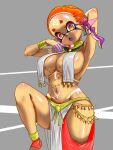  1girl alternate_costume arm_up armpits breasts cleavage commentary_request fang frye_(splatoon) hair_ornament harem_outfit highres large_breasts looking_at_viewer open_mouth orange_eyes orange_hair short_hair solo splatoon_(series) t2ukmyjm white_loincloth x_hair_ornament 