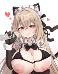  1girl absurdres animal_ear_fluff animal_ears applying_lotion arm_under_breasts bare_shoulders bikini black_bikini black_bow black_bowtie black_survival blonde_hair blush bottle bow bowtie breasts breasts_out cat_ears commentary_request crossed_bangs detached_collar detached_sleeves eternal_return:_black_survival eva_(black_survival) frills hair_between_eyes hair_intakes heart highres holding holding_bottle huge_breasts imminent_paizuri kisa_(leg3043) korean_commentary licking_lips long_hair looking_at_viewer lotion lotion_bottle lube lube_on_breasts lubrication maid maid_bikini maid_headdress naughty_face nipples oiled pouring pouring_onto_self puffy_nipples purple_eyes revision simple_background smile solo swimsuit tongue tongue_out unconventional_maid very_long_hair white_background 