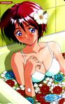  90s bathtub bikini bikini_top blush flower hair_flower hair_ornament hibiscus hinomoto_hikari kokura_masashi mole mole_under_eye official_art petals petals_on_liquid red_hair rose_petals scan solo swimsuit tile_wall tiles tokimeki_memorial tokimeki_memorial_2 white_bikini 