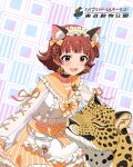  1girl :3 animal animal_ears apron black_choker bow braid braided_hair_rings brown_eyes brown_hair card_commentary choker commentary_request earrings fake_animal_ears frilled_hairband frills game_asset hair_bow hair_ornament hair_rings hairband heart heart_choker idolmaster idolmaster_million_live! idolmaster_million_live!_theater_days jewelry leaning_forward leopard long_sleeves multiple_hair_bows nonohara_akane official_art open_mouth orange_bow orange_sailor_collar orange_skirt sailor_collar sailor_shirt see-through_clothes see-through_sleeves shirt short_hair skirt solo third-party_source translation_request waist_apron white_apron white_shirt x_hair_ornament 