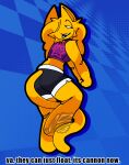 0wzo_boz0 ambiguous_gender anthro athletic_wear blue_background blue_mouth bottomwear breasts cat_tail clothing crop_top empty_eyes felid feline fur gym_bottomwear gym_shorts gynomorph gynomorph/ambiguous hair hi_res intersex intersex/ambiguous karppy mammal medium_hair pose shirt shorts simple_background small_breasts topwear yellow_body yellow_fur