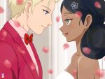  1boy 1girl absurdres alternate_universe artist_logo artist_name bare_shoulders bindi black_hair blonde_hair blue_eyes blush char_aznable commentary_request couple dark-skinned_female dark_skin derivative_work desi diamond_hair_ornament dress eyelashes falling_petals flower_pin formal_clothes good_end green_eyes gundam gundam_gquuuuuux hair_ornament happy hetero highres interracial jewelry lalah_sune logo looking_at_another medal mobile_suit_gundam necktie nyahoekaki1 petals pink_petals purple_suit red_necktie science_fiction shirouzu_(gundam) short_hair signature smile spoilers suit tuxedo wedding wedding_dress 