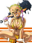  1girl animal_print bikini black_choker breasts choker cleavage closed_mouth commentary_request fangs frye_(splatoon) hair_ornament highres holding holding_mallet horns large_breasts leopard_print leopard_print_bikini looking_at_viewer mallet pointy_ears print_bikini short_eyebrows short_hair smile solo spiked_choker spikes splatoon_(series) swimsuit symbol-shaped_pupils t2ukmyjm white_horns x_hair_ornament yellow_bikini 