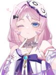  1girl bare_shoulders blue_eyes blue_gem citlali_(genshin_impact) citlali_(whispers_of_stars_and_smoke)_(genshin_impact) closed_mouth commentary_request detached_sleeves drawn_ears drawn_whiskers facial_mark finger_to_mouth fingernails forehead_mark gem genshin_impact hand_up heart highres kino_(curry_pan) long_hair looking_at_viewer md5_mismatch multicolored_hair official_alternate_costume one_eye_closed pink_hair pink_pupils purple_hair simple_background sleep_mask sleeveless solo triangle triangle_facial_mark white_background 