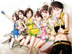  6+girls ^_^ absurdres antenna_hair arm_up bare_shoulders black_hair black_pants blue_gloves blue_shorts breasts check_my_note_(idolmaster) cleavage closed_eyes clothing_cutout commentary_request cool_&amp;_sexy_(idolmaster) cute_&amp;_girly_(idolmaster) dated dress elbow_gloves facing_viewer fingerless_gloves floral_(idolmaster) glitter gloves gold_choker green_skirt grey_eyes grey_skirt grin happy_birthday high_collar highres holding_hands idolmaster idolmaster_(classic) idolmaster_1 idolmaster_2 idolmaster_one_for_all idolmaster_platinum_stars idolmaster_sp interlocked_fingers kikuchi_makoto king_of_pearl_360_(idolmaster) looking_at_viewer mihen multiple_girls multiple_persona navel navel_cutout night_and_day_amcg_(idolmaster) official_alternate_costume pants pink_dress primary-star_plum_(idolmaster) print_dress short_hair shorts skirt smile standing star_(symbol) star_print thighhighs twinkle_star_(idolmaster) vital_sunflower_(idolmaster) white_gloves white_pants white_thighhighs yellow_dress 