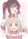  2girls :d ahoge averting_eyes black_gloves blush brown_eyes commentary cutting_another's_hair cutting_hair d: failure flying_sweatdrops gloves grey_hair hair_ornament hair_ribbon hairclip hairdressing hand_in_another's_hair highres holding holding_another's_hair holding_scissors lab_coat long_hair long_sleeves looking_to_the_side multicolored_hair multiple_girls onii-chan_wa_oshimai! open_mouth oyama_mahiro oyama_mihari pink_background pink_hair purple_hair red_ribbon red_shirt riannn_desu ribbon scissors shirt siblings simple_background sisters smile twintails two-tone_hair 