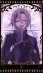  1boy black_border black_gloves black_jacket book border card_(medium) commentary_request curtained_hair english_commentary english_text fuwa_minato gloves grey_hair hair_between_eyes hands_up highres holding holding_book jacket jewelry long_bangs long_sleeves looking_at_viewer male_focus mixed-language_commentary multicolored_hair multiple_necklaces necklace nijisanji nizisharp5178 official_alternate_costume open_mouth purple_background purple_eyes purple_hair roman_numeral short_hair smile solo stained_glass stole streaked_hair tarot tarot_(medium) teeth the_hierophant_(tarot) upper_body upper_teeth_only virtual_youtuber 