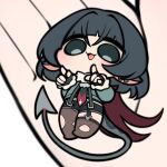  1girl animal_ears asymmetrical_legwear black_gloves black_shorts chibi chibi_only collared_jacket commentary_request earrings fingerless_gloves full_body fur-trimmed_sleeves fur_collar fur_trim garter_straps gloves green_eyes green_jacket grey_hair hands_up highres holding holding_mini_person in_palm jacket jane_doe_(zenless_zone_zero) jewelry long_hair long_sleeves looking_at_viewer lying mini_person minigirl mouse_ears multicolored_hair no_shoes on_back open_mouth otu_(o2h2_oh4) pantyhose pantyhose_under_shorts pointing red_hair short_shorts shorts simple_background single_garter_strap single_leg_pantyhose single_thighhigh smile solo_focus stud_earrings tail thighhighs torn_clothes torn_pantyhose torn_thighhighs two-tone_hair very_long_tail white_background zenless_zone_zero 