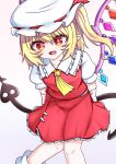  1girl absurdres arms_behind_back ascot back_bow blonde_hair bow collared_shirt commentary crystal crystal_wings derivative_work embodiment_of_scarlet_devil eroelu fang flandre_scarlet frilled_shirt_collar frills hat hat_ribbon highres laevatein_(touhou) leaning_forward long_hair looking_at_viewer mob_cap multicolored_wings official_art_redraw one_side_up open_mouth pointy_ears red_eyes red_skirt red_vest ribbon shirt skirt skirt_set smile solo sprite_redraw touhou vest white_bow white_hat white_shirt wings yellow_ascot 