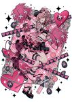 1girl absurdres amulet_heart arm_up ball baseball_(object) baseball_bat belt black_belt broken_heart cheerleader crop_top dark_persona frilled_leg_warmers full_body heart highres hinamori_amu layered_skirt leg_warmers looking_at_viewer magical_girl miniskirt mu_(1729032449) navel one_eye_closed one_side_up open_mouth outstretched_arm pink_background pink_hair pink_leg_warmers pink_skirt pink_theme pom_pom_(cheerleading) shugo_chara! skirt smile solo sparkle standing standing_on_one_leg visor_cap x-egg_(shugo_chara!) yellow_eyes 