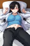  1girl asa_(yomi_no_tsugai) black_hair black_pants blue_shirt blush breasts commentary_request eyepatch hair_over_one_eye highres large_breasts long_hair looking_at_viewer lying mole mole_under_mouth navel on_back on_bed open_clothes open_shirt pants pleia_desu red_eyes shirt solo white_shirt yomi_no_tsugai 