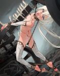  1boy anal anal_object_insertion ballet_boots barefoot bdsm bishounen blue_eyes bondage bound bound_ankles bound_wrists candle carriage chain chinese_commentary collar crying crying_with_eyes_open cuffs detached_leggings detached_sleeves drawn_(punishment) dutch_angle english_commentary flexible full_body grey_sky hakuyagen_(yoronbi) harmful_spikes highres humiliation hunald_ii_(fake)_(hakuyagen) long_hair looking_at_viewer male_focus male_penetrated medieval metal_collar mixed-language_commentary multilingual_commentary nude object_insertion open_mouth original outdoors saliva sky slave solo spikes tears thighhighs torn_clothes torn_thighhighs torture very_long_hair walking wax wax_play whip_marks white_hair white_sleeves white_thighhighs 