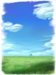  1girl 1other a-mai amiya_(arknights) animal_ears arknights blue_sky border cloud commentary day doctor_(arknights) fading_border field grass highres horizon outdoors rabbit_ears rabbit_girl scenery signature sky very_wide_shot white_border 