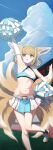  1girl absurdres alternate_costume animal_ears arknights arm_up armpits bare_shoulders blue_hairband blue_skirt blue_sports_bra blush braid braided_hair_rings breasts cheerleader cloud commentary elbow_gloves fox_ears fox_girl gloves green_eyes hair_rings hairband hand_on_own_hip highres holding holding_pom_poms kitsune kyuubi miniskirt multiple_tails navel onbashria open_mouth outdoors pom_pom_(cheerleading) running_track shoes skirt sky small_breasts socks solo sports_bra standing standing_on_one_leg stomach suzuran_(arknights) tail two-tone_skirt two-tone_sports_bra white_gloves white_shoes white_skirt white_socks white_sports_bra 