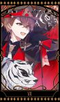  1boy :d black_border black_cloak black_shirt black_tiger_(animal) border brown_eyes brown_hair card_(medium) cloak collared_shirt commentary_request crossed_bangs english_commentary english_text fur-trimmed_cloak fur_trim gloves grey_hat hair_behind_ear hair_between_eyes hand_up hat highres kagami_hayato long_bangs long_sleeves looking_to_the_side male_focus mixed-language_commentary necktie nijisanji nizisharp5178 official_alternate_costume open_mouth peaked_cap red_cloak red_gloves red_hat red_vest roman_numeral shirt short_hair smile solo tarot tarot_(medium) teeth the_chariot_(tarot) tiger two-sided_cloak two-sided_fabric upper_body upper_teeth_only vest virtual_youtuber white_necktie white_tiger 