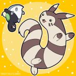  :3 animal_focus artist_name buck_teeth closed_eyes commentary digitalclaws dotted_background full_body furret highres no_humans open_mouth outline pokemon pokemon_(creature) pokemon_focus shroodle smile teeth white_outline yellow_background 